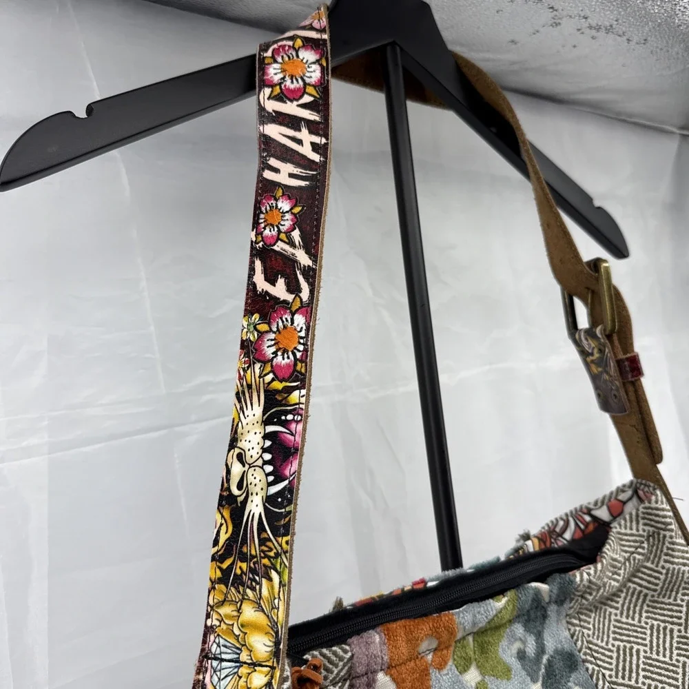 Handmade Patchwork Purse W/Ed Hardy Belt Handle Boho One Of A Kind Super Cool!‎